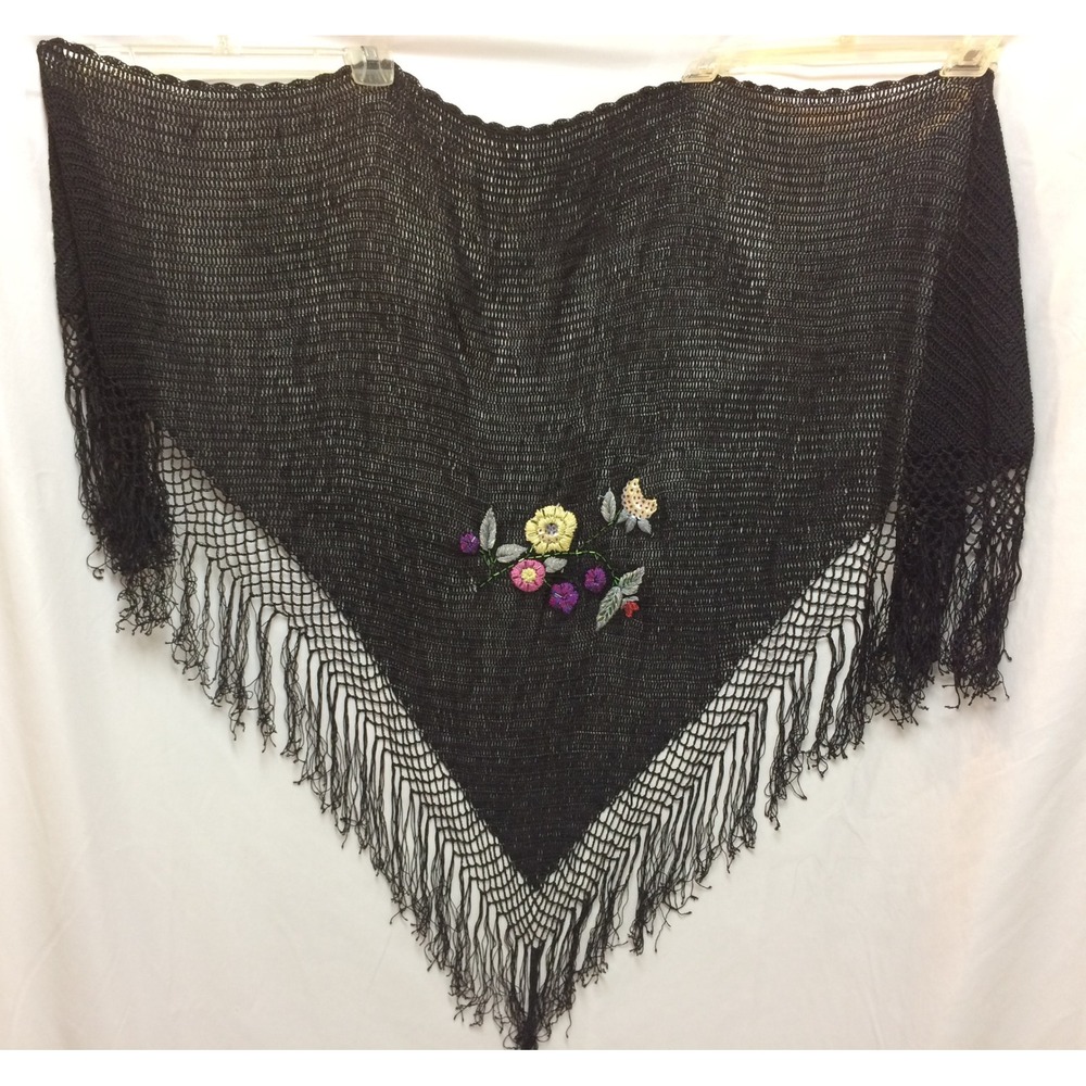 VTG Sisters Black Crochet Triangle Shawl Beaded Floral Embroidery Fringe Wrap